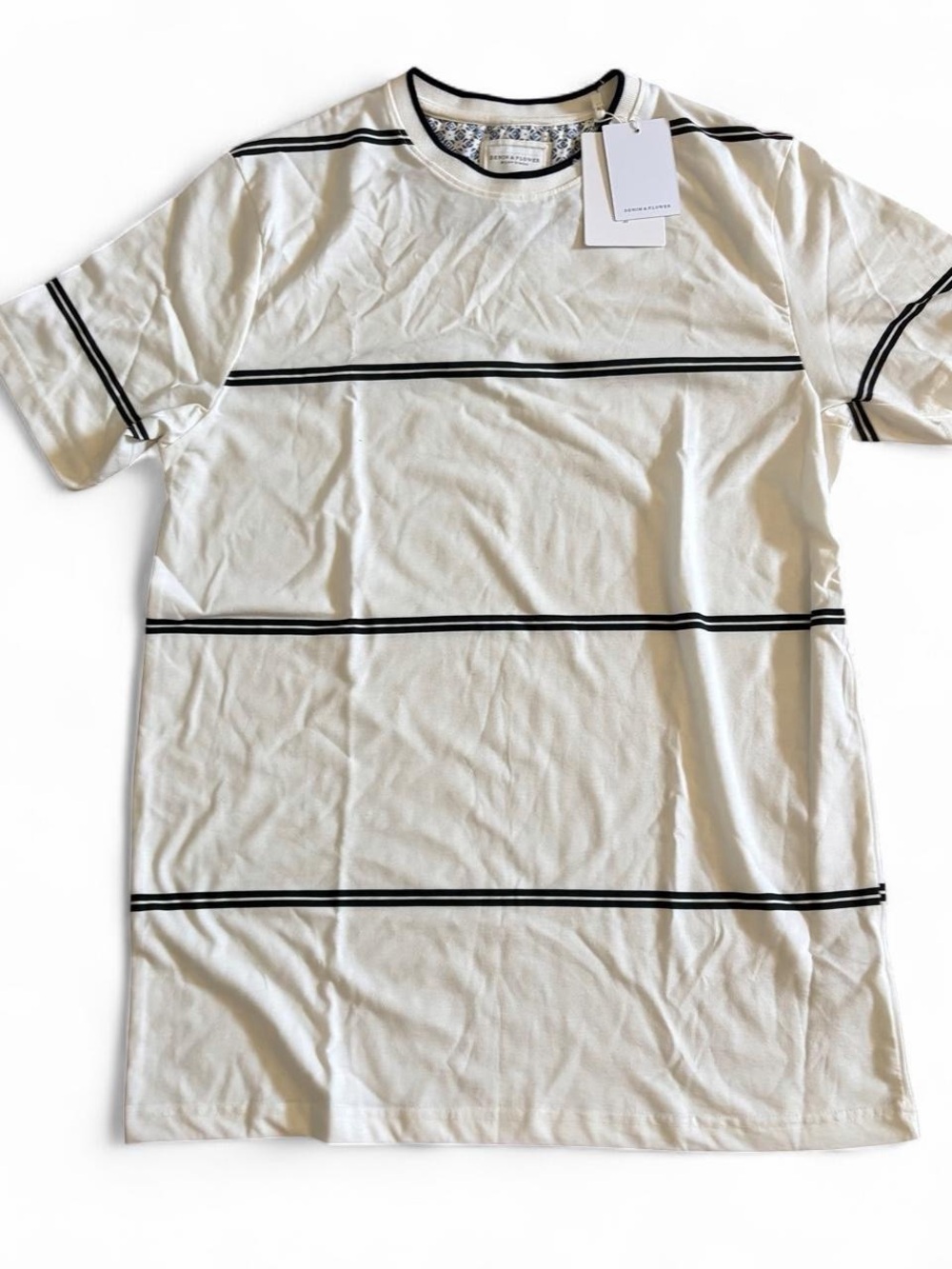New!!! Denim & Flower White Tee with Black Horizontal Stripesg